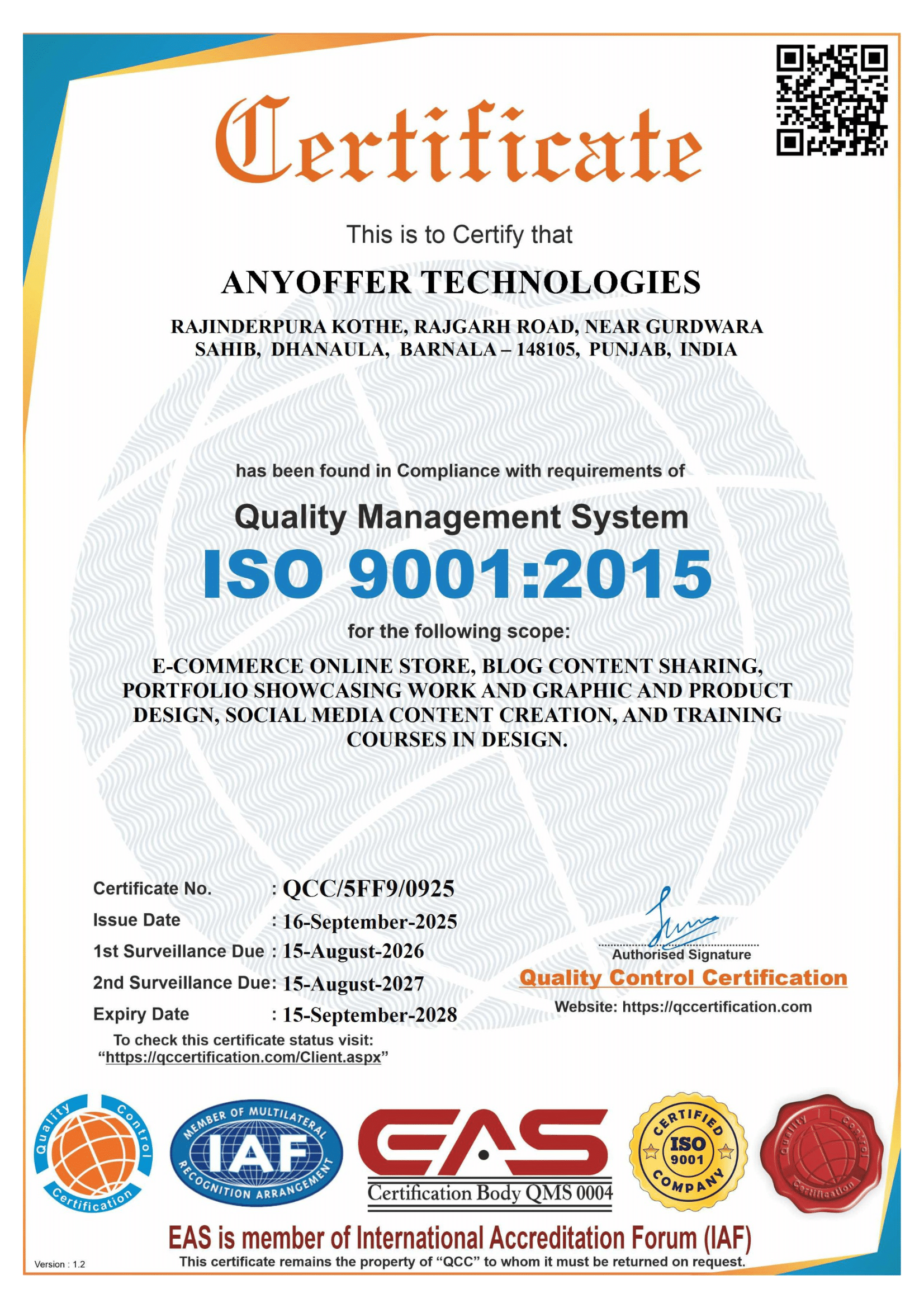 ISO 9001:2015 Certificate - Anyoffer Technologies